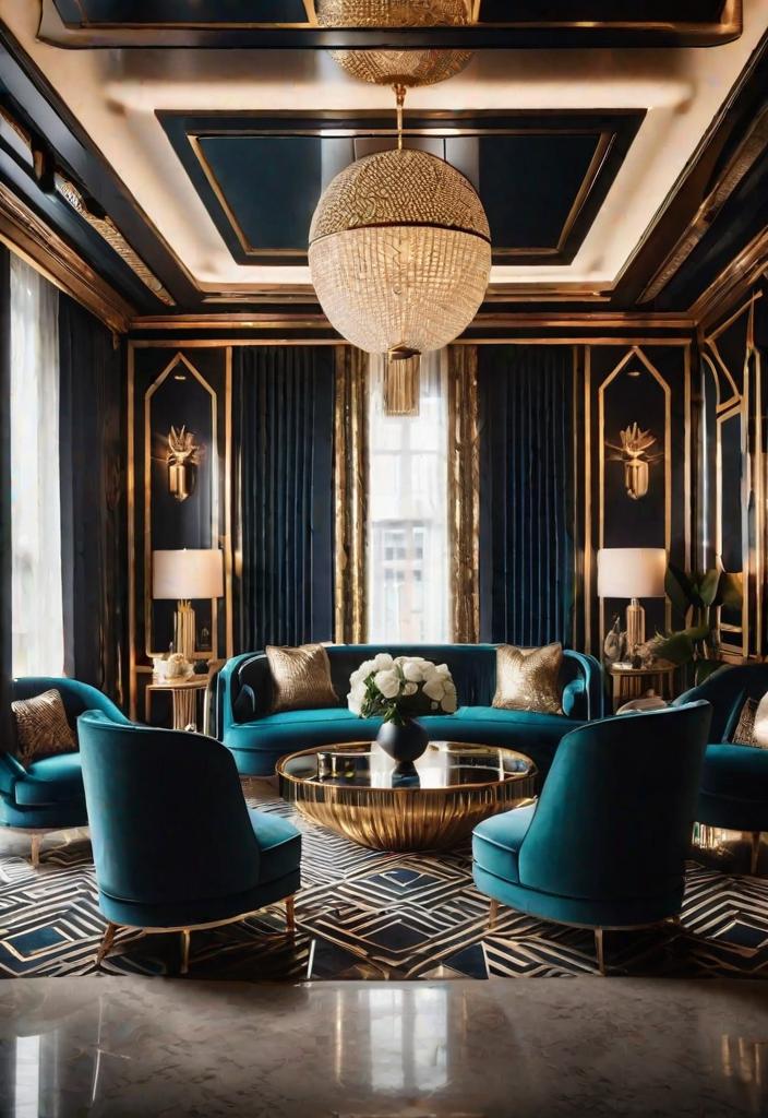 27 faszinierende Wohnzimmerdekorationsideen für 2024 12 10. Glamouröser Art Deco Wohnzimmer-0