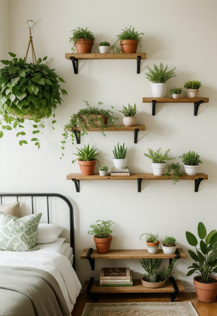 36 Earthy Bedroom Ideas for a Serene Space 19 9. Succulent Floating Shelf Decor-0
