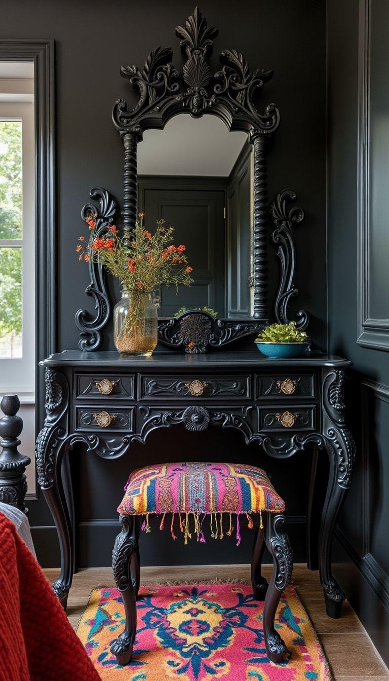19 Best Gothic Boho bedroom ideas for a dreamy sanctuary 47 47 15. A baroque style in black, whose colorful Boho woven seat cushion-0 is opposed
