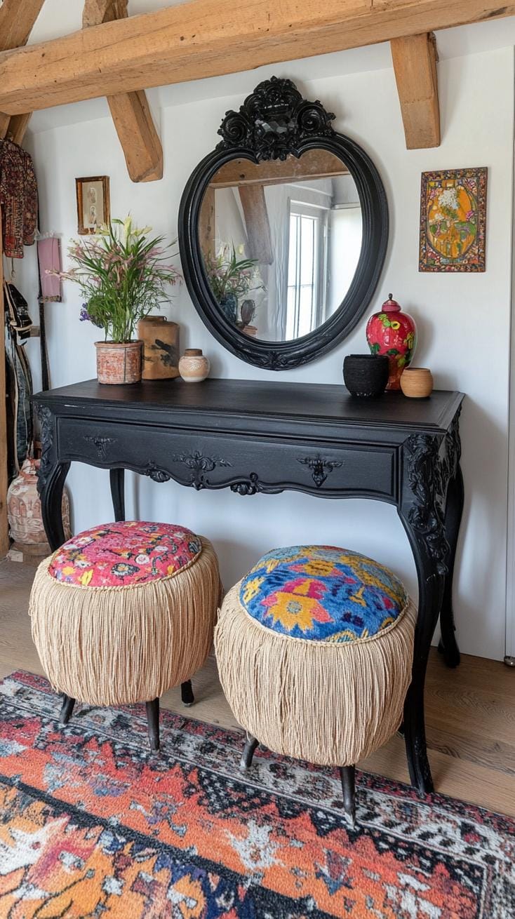 19 Best Gothic Boho bedroom ideas for a dreamy sanctuary 48 15. A baroque style in black, whose colorful boho woven seat cushion-1 next to