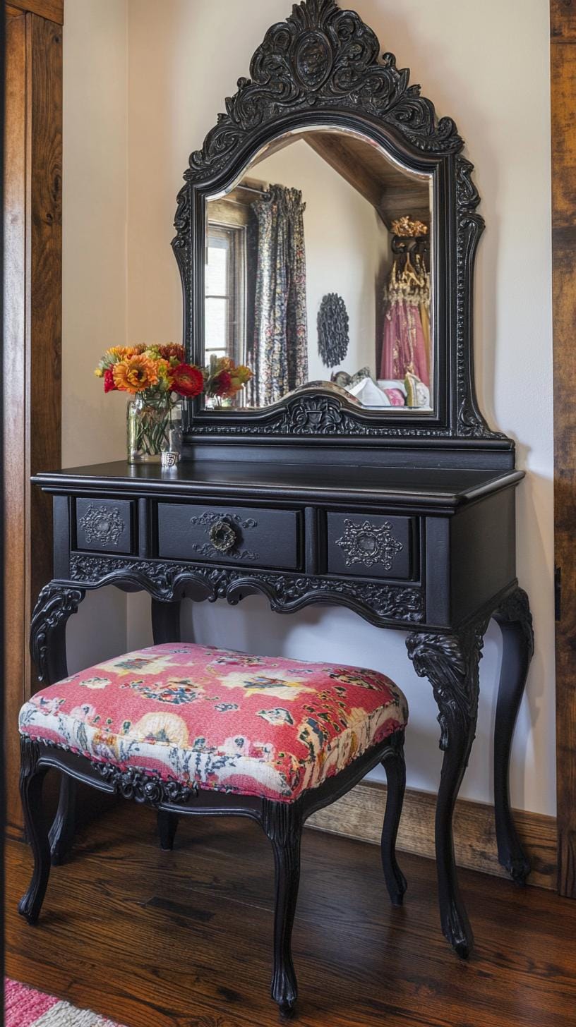 19 Best Gothic Boho bedroom ideas for a dreamy sanctuary 49 49 15. A baroque style in black, the colorful Boho woven seat cushion-2 faces the colorful Boho
