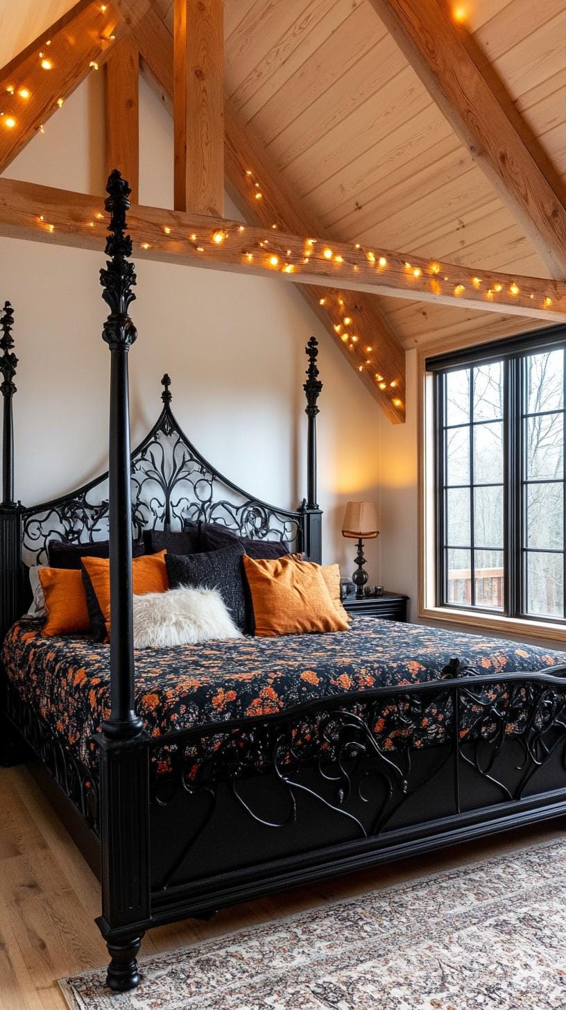 19 Best Gothic Boho bedroom ideas for a dreamy sanctuary 34 34 11. A black wrought-up bed with sparkling string lights and a dramatic, dark floral pressure-entry port-0