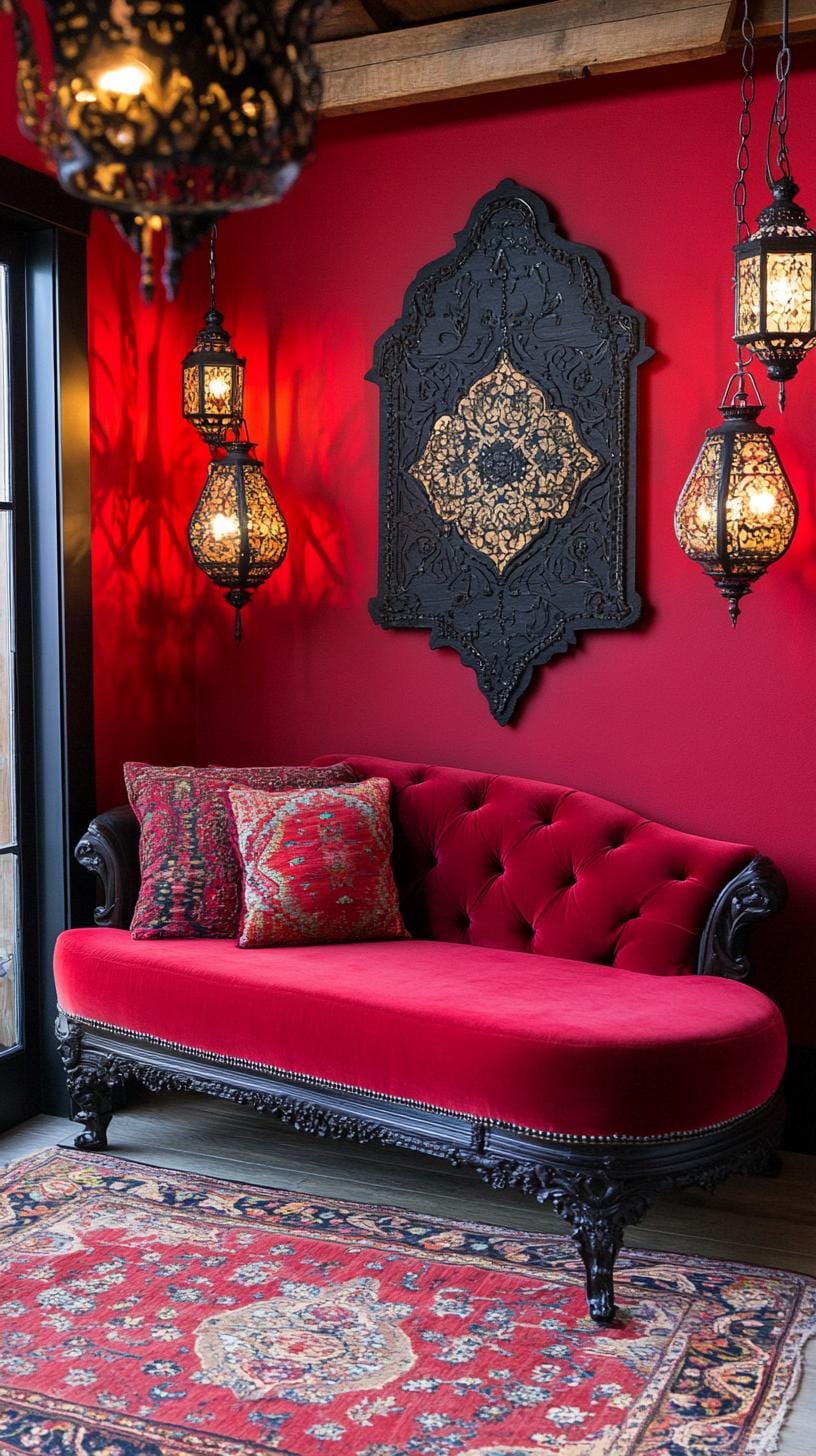 19 Best Gothic Boho bedroom ideas for a dreamy sanctuary 44 44 14. A combination of pearl wall hangings and vintage lanterns that are artfully arranged above a Velvet Chaise Lounge-0