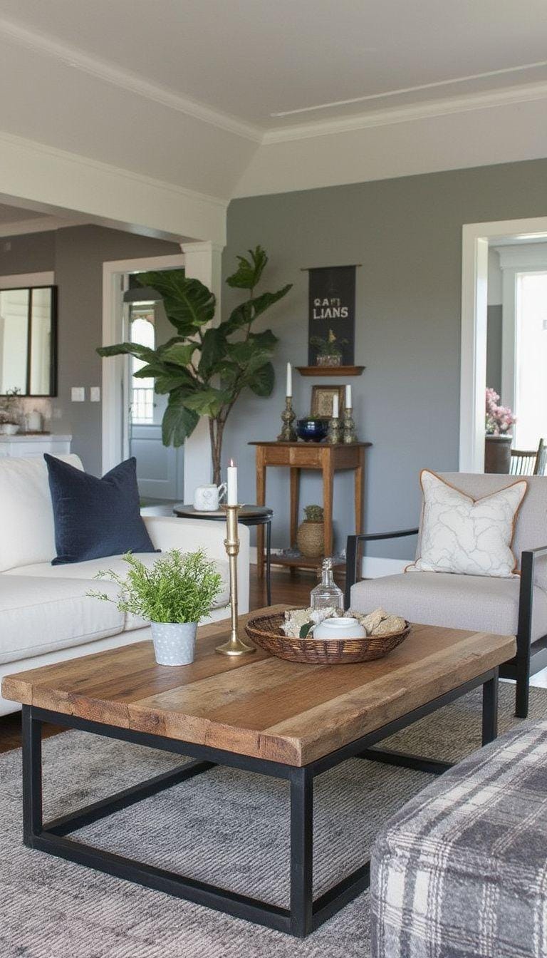 21 Best industrial farmhouse room ideas for inspire 3 1. A cozy industrial farmhouse living room layout with a recovered wooden coffee table, surrounded by metal frame armchairs, with neutral gray and white tones on the walls-0