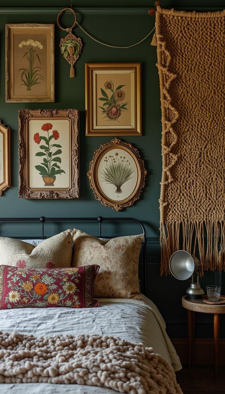 19 Best Gothic Boho bedroom ideas for a dreamy sanctuary 6. 6. 2. A gallery wall with framed botanical prints from the Victorian era, mixed with rattan wall carpets-0
