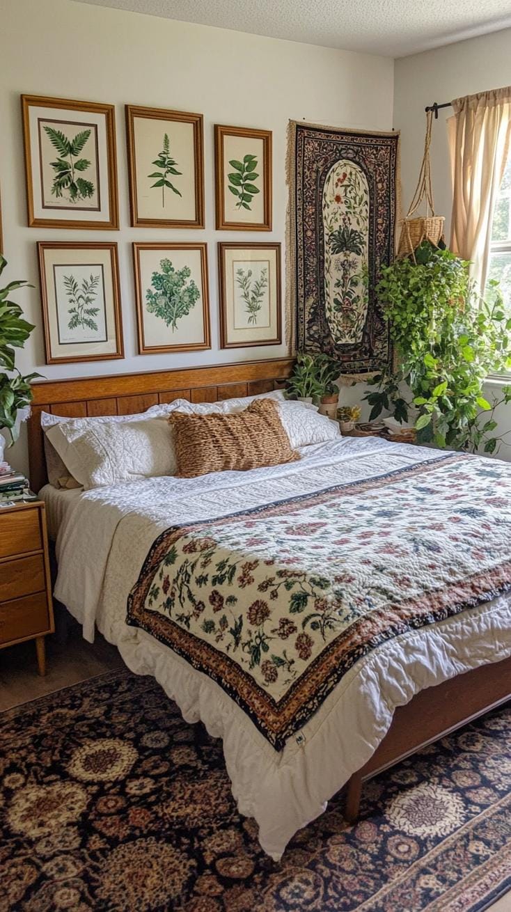 19 Best Gothic Boho bedroom ideas for a dreamy sanctuary 7 2. A gallery wall with framed botanical prints of the Victorian era, which was mixed with rattan wall carpets, 1