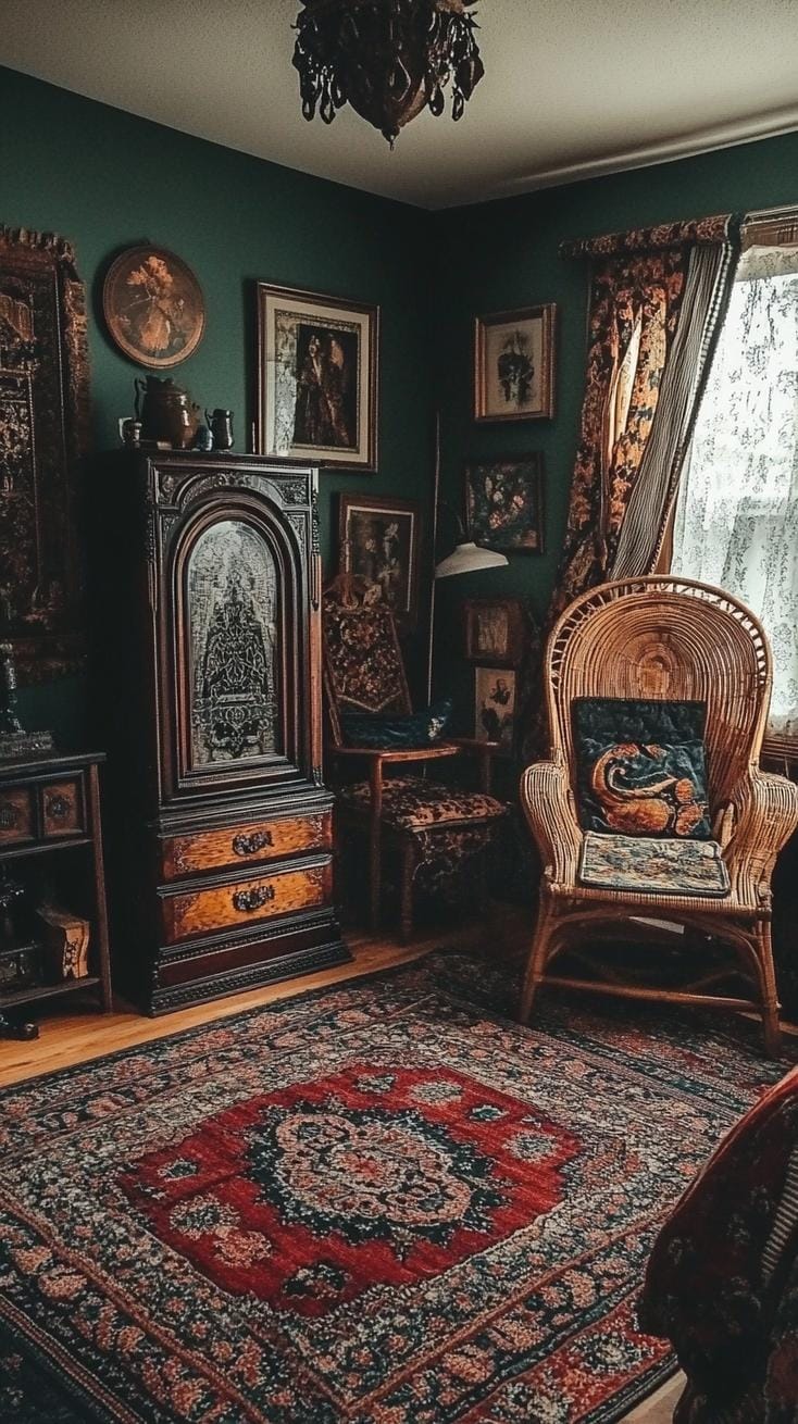 19 Best Gothic Boho bedroom ideas for a dreamy sanctuary on 8.8. 2. A gallery wall with framed botanical prints from the Victorian era, which was mixed with rattan wall carpets 2