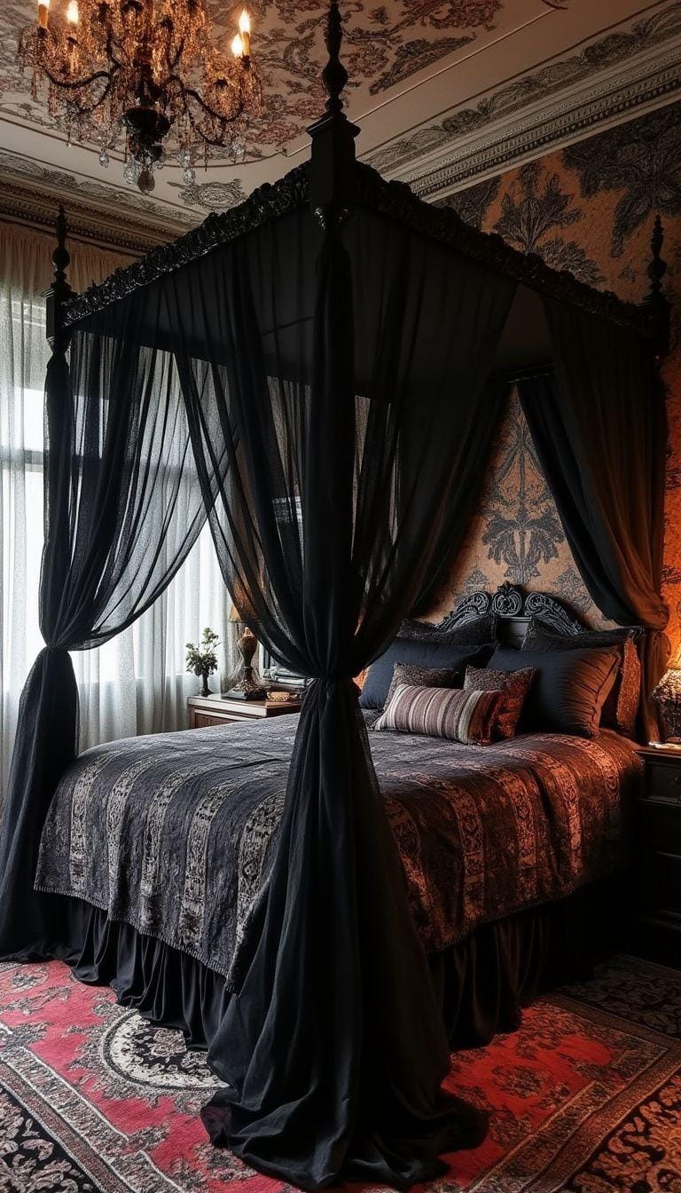 19 Best Gothic Boho bedroom ideas for a dreamy sanctuary 53 53 17. A mixture of dark-colored wall carpets and draped chiffon fabric over a bed with four-hunters, creating an exotic tent allure-0