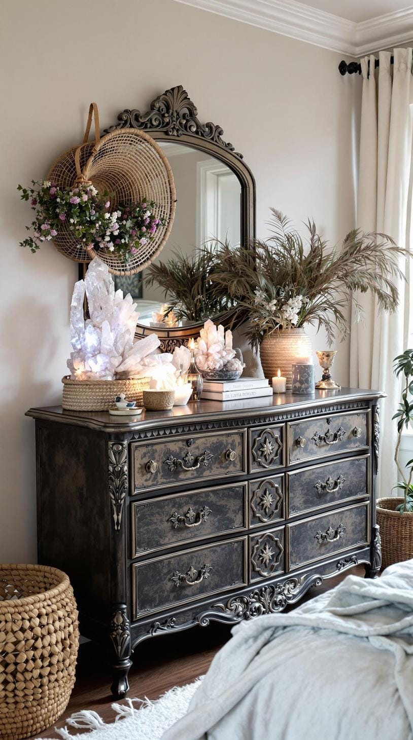 7. A vintage chest of drawers with carved details, crowned with crystal clusters and Bohemian woven basket-0