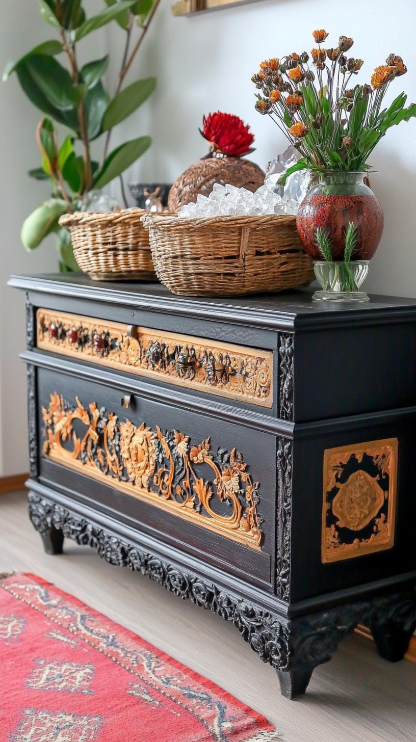 7. A vintage chest of drawers with carved details, crowned with crystal clusters and Bohemian woven basket-1