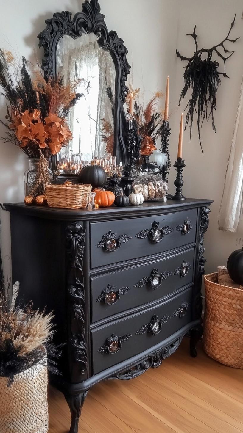 7. A vintage chest of drawers with carved details, crowned with crystal clusters and Bohemian woven basket-2