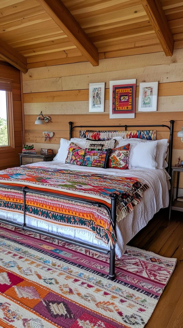 21 Breathtaking Western Boho Bedroom Ideas to inspire you 66 21. Accessorize with layered quilts and throws Serape Stripes against a weathered metal frame-bed-0
