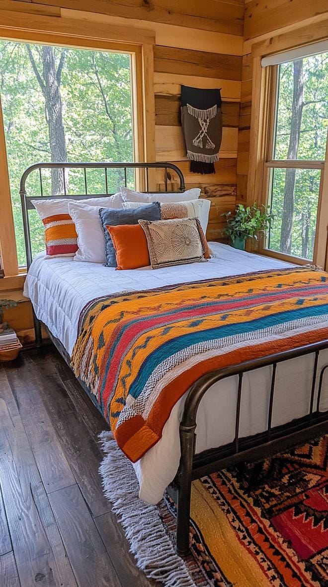 21 Breathtaking Western Boho Bedroom Ideas to inspire you 67 21. Accessorize with layered quilts and throws Serape Stripes against a weathered, metal frame bed-1 one