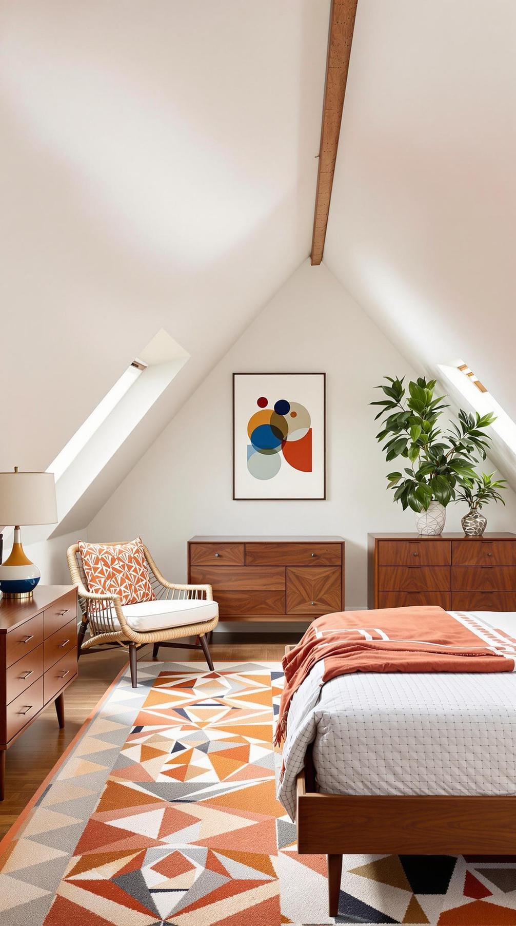 21 sweet attic bedroom ideas that you will love 19 6. You can reach a modern mood of the middle of the century with walnut facilities, geometric patterns and burned orange accents-0