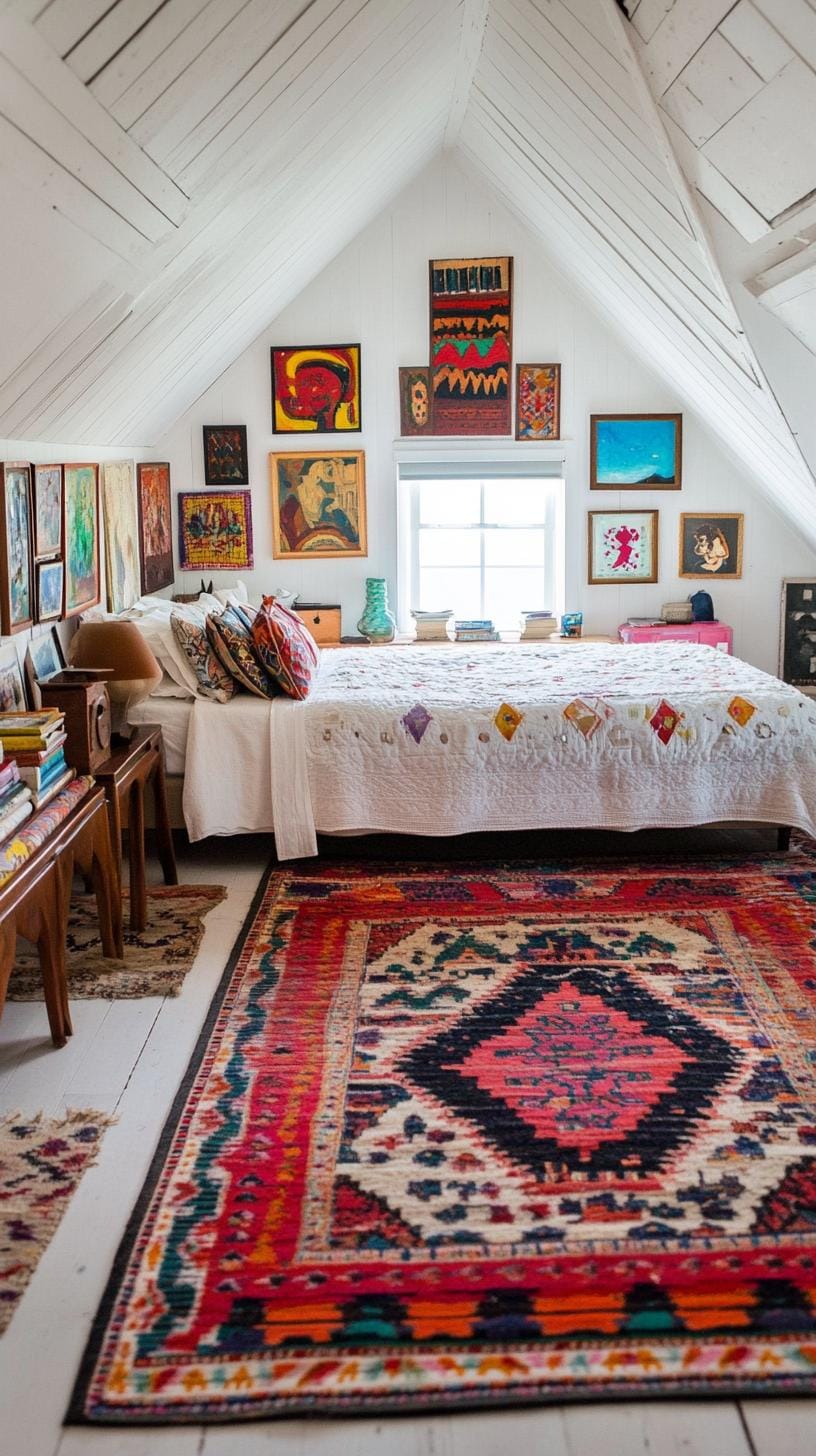 21 sweet attic bedroom ideas that you will love 42 13. Add artistic flair with a gallery wall of eclectic art and inconsistent, lively Persian carpet-0