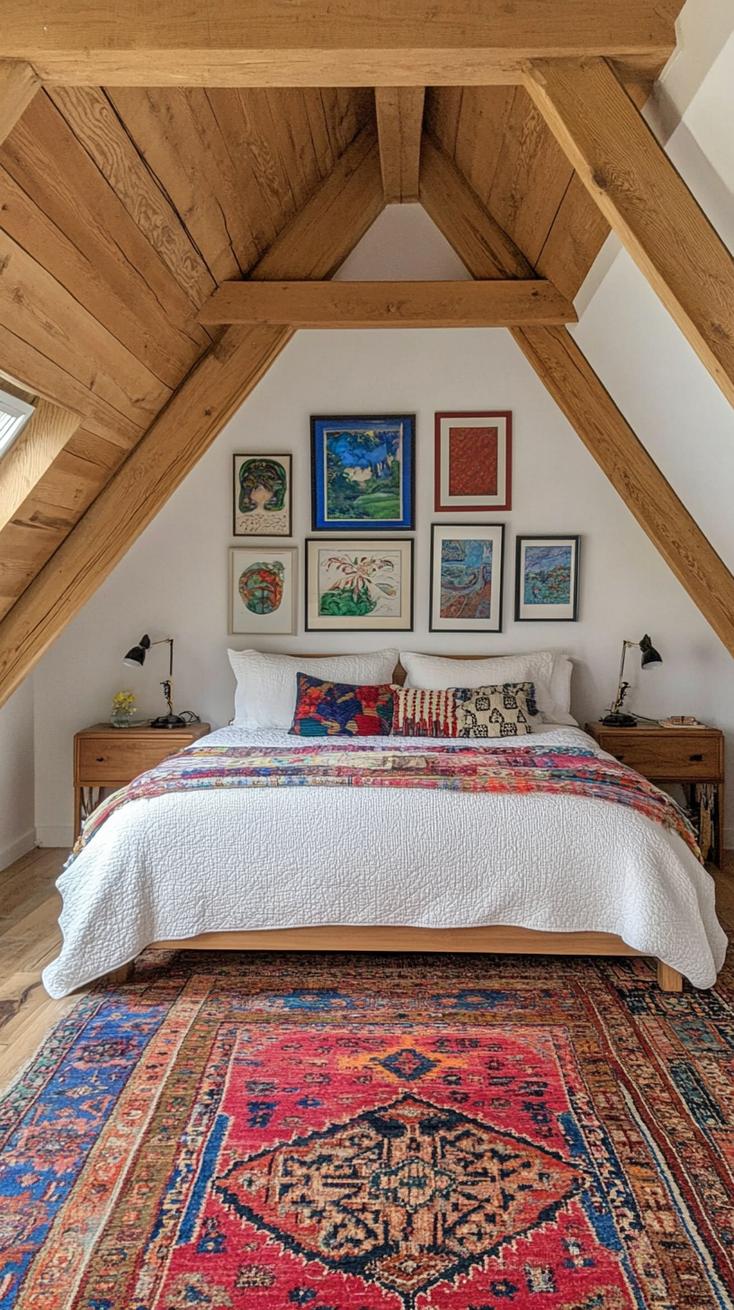 21 sweet attic bedroom ideas that you will love 43 13. Add artistic flair with a gallery wall of eclectic art and non-unanimous, lively Persian carpet-1