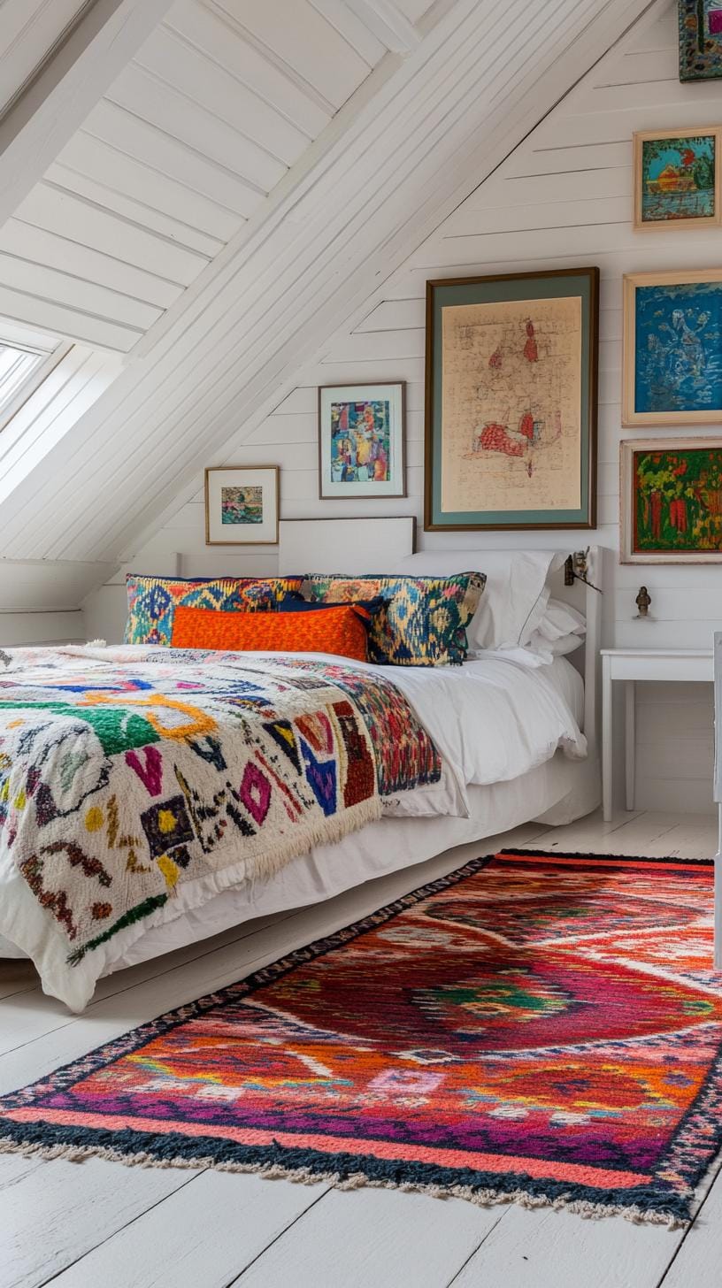 21 sweet attic bedroom ideas that you will love 44 13. Add artistic flair with a gallery wall of the eclectic art and a non-matching, lively Persian carpet-2