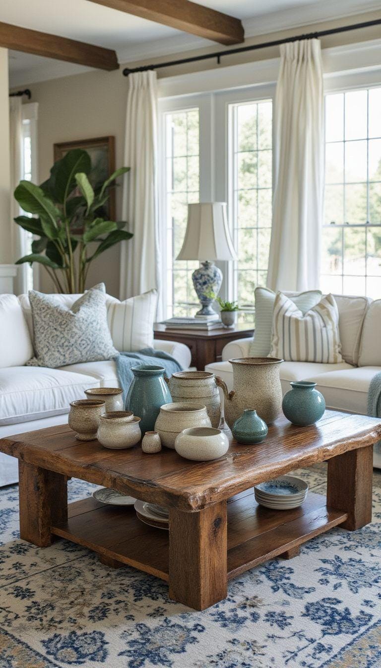 20 unique coastal farmhouse living room ideas, the woW 43 14. Add slip pottery with a coastal motif as a heart on a recovered wooden couch table-0