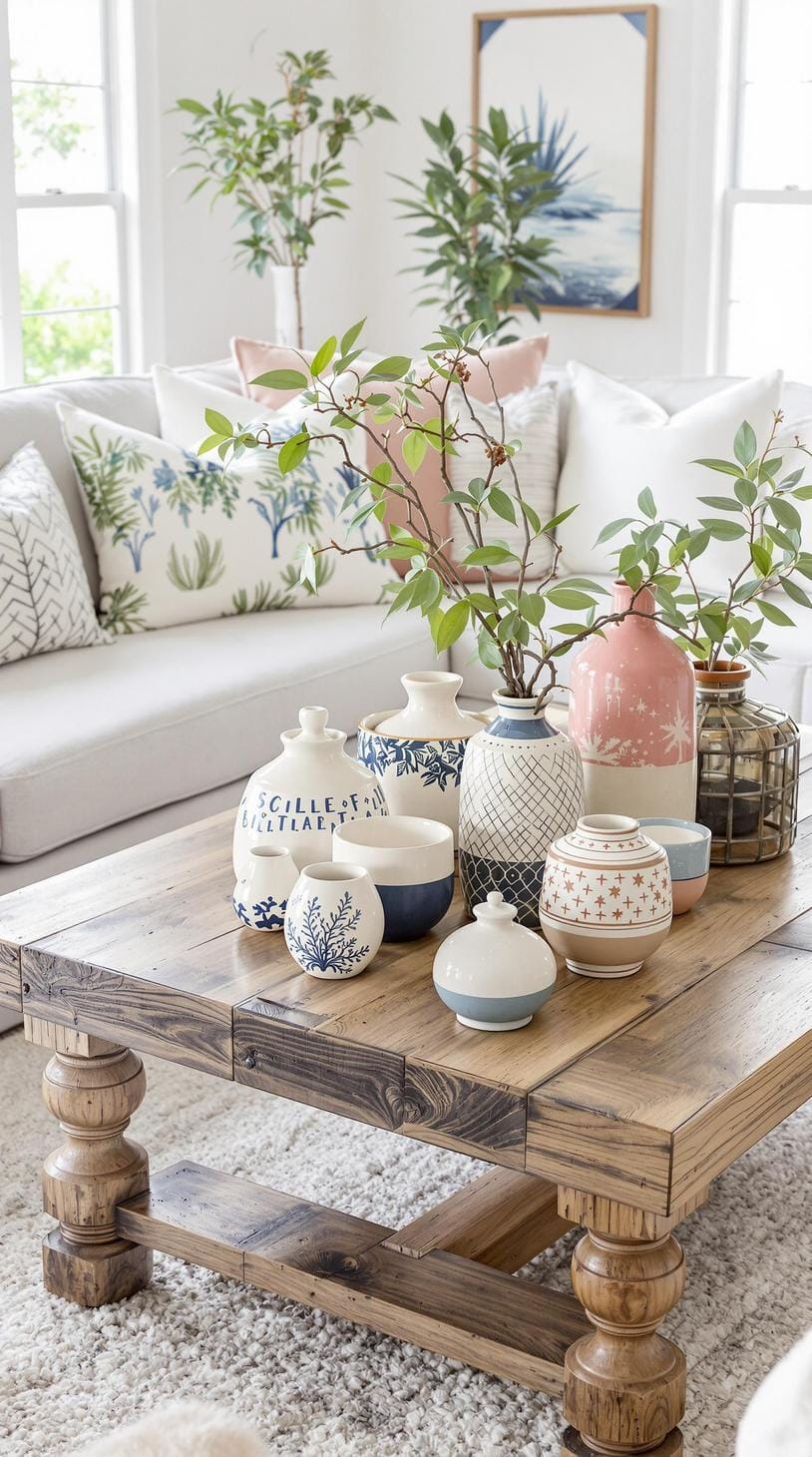 20 unique coastal farmhouse living room ideas, the woW 44 14. Add panties with a coastal motif as a heart on a recovered wood-coffee table-1