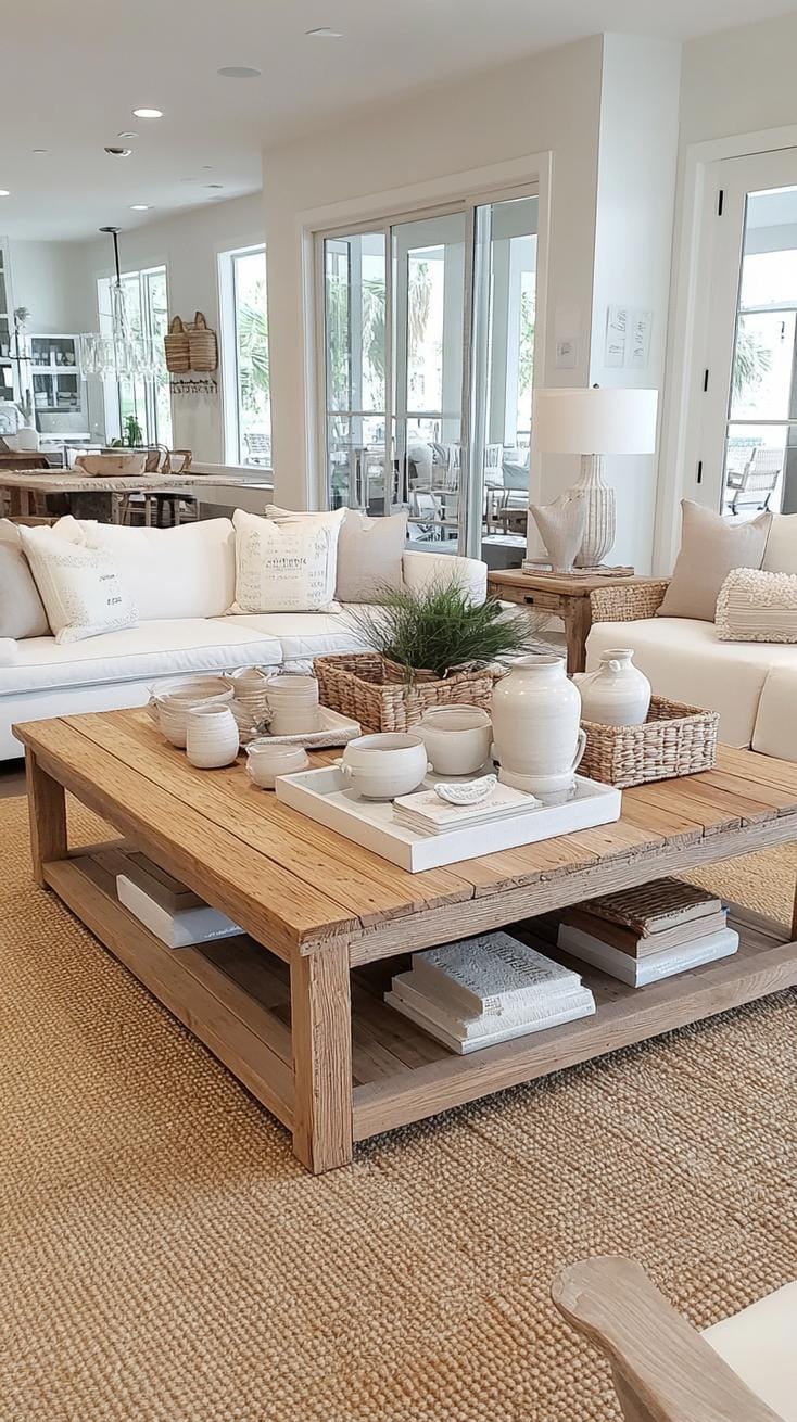 20 unique coastal farmhouse living room ideas, the woW 45 14. Add slip pottery with a coastal motif as a heart on a recovered wooden couch table-2