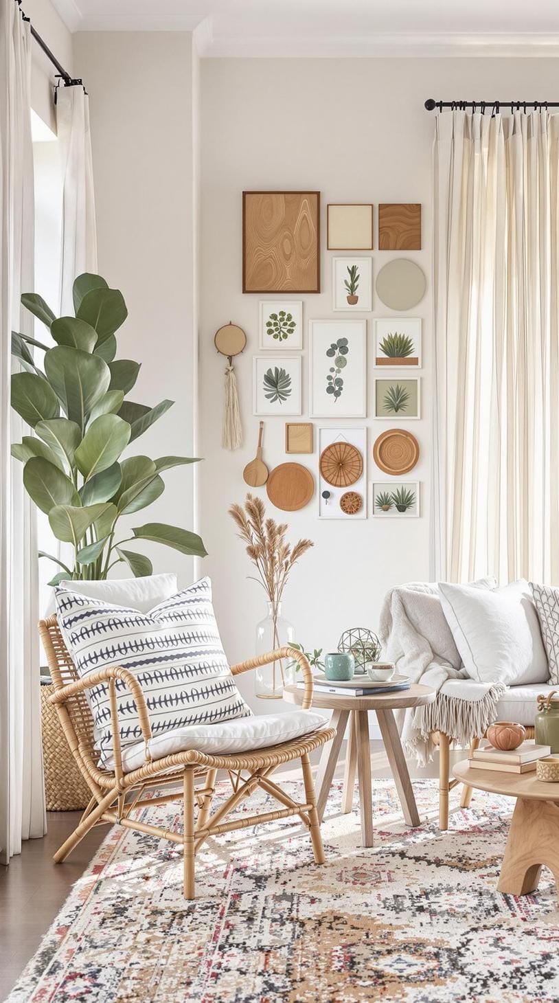 23 einzigartige Boho Farmhouse Wohnzimmer Ideen zum Kopieren 53 17. Airy Nook: Entscheiden Sie sich für durchscheinende Vorhänge und handgewebte Stühle zusammen mit einer Galerie-Wand mit organischen Mustern, um ein offenes Feeling einzuladen.