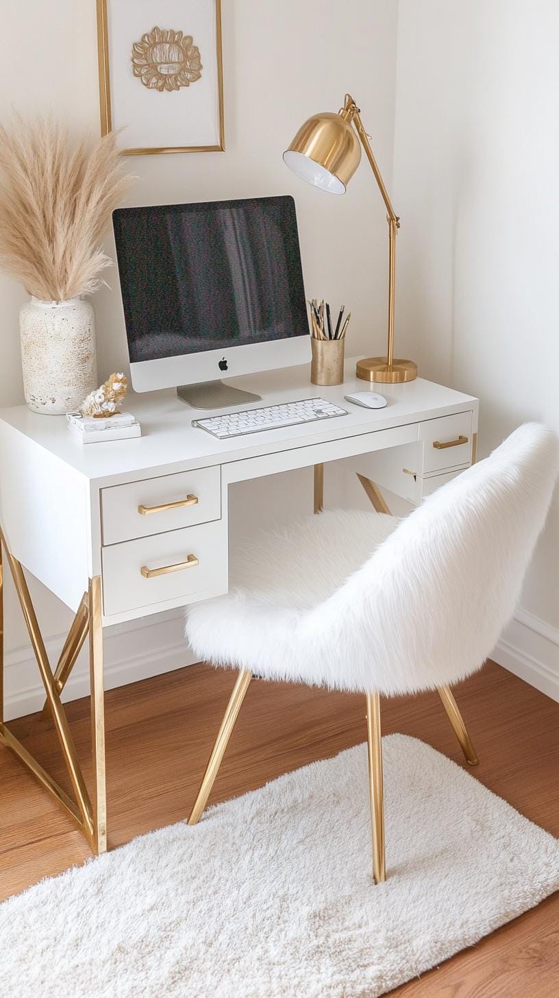 21 clever small office ideas for home and work areas 22 7. All-white compact workstation with gold accenter-1
