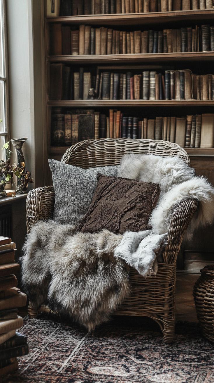 19 Best Gothic Boho bedroom ideas for a dreamy sanctuary 32 32 10. An oversized woven rattan chair with plush-faux fur throws and a nearby stack of old leather books 0
