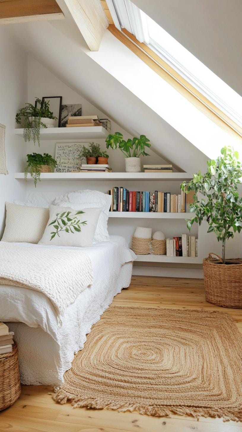 15 Genius Small roof tree bedroom ideas to maximize the room 33 11. Winnated bookshelf along the sloping ceiling: maximize the strange corners with tailor-made removal shelf-1