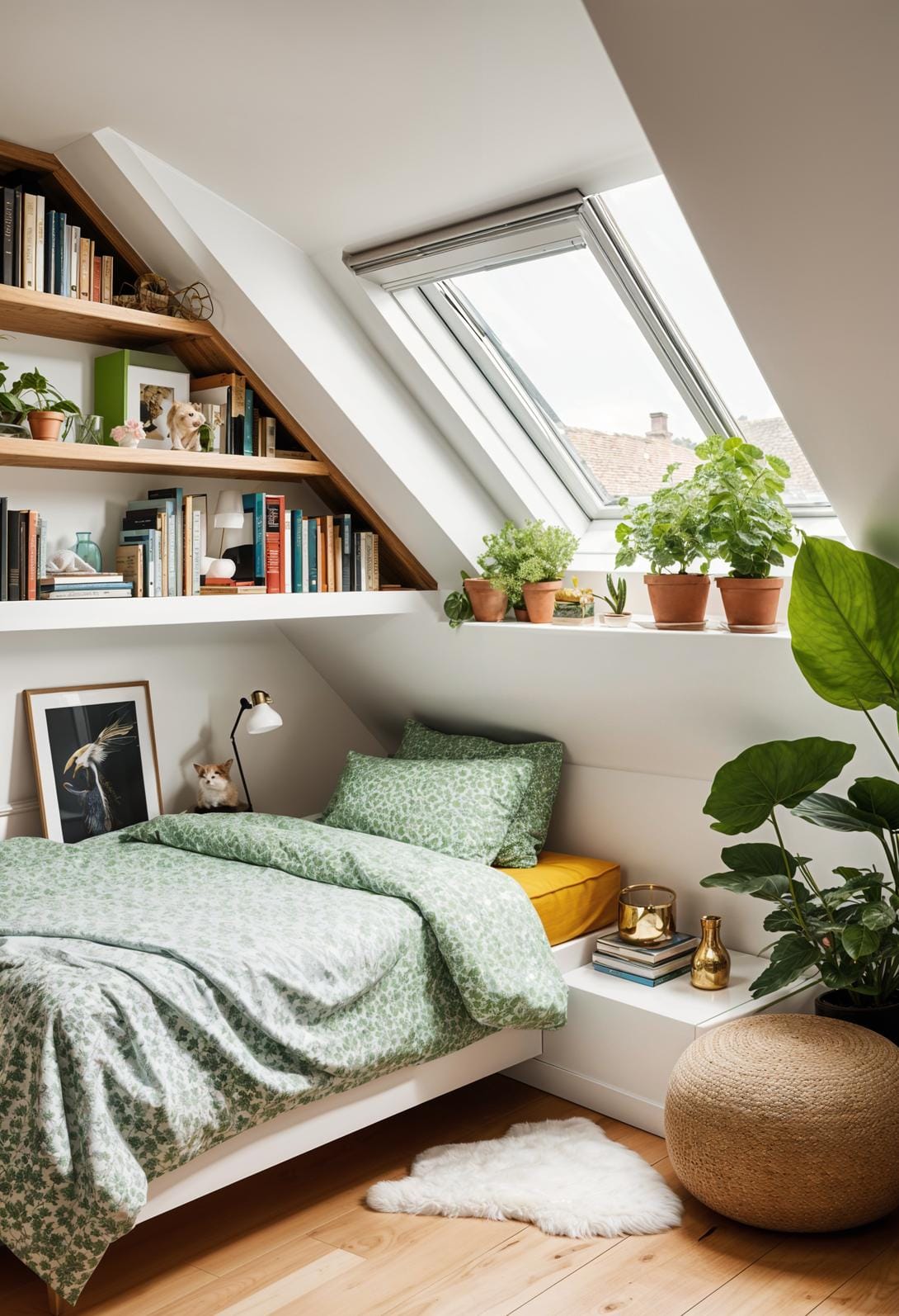 15 Genius Small attic bedroom ideas to maximize the room 34 11. Winnated bookshelf along the sloping ceiling: maximize the strange corners with a tailor-made removal shelf-2