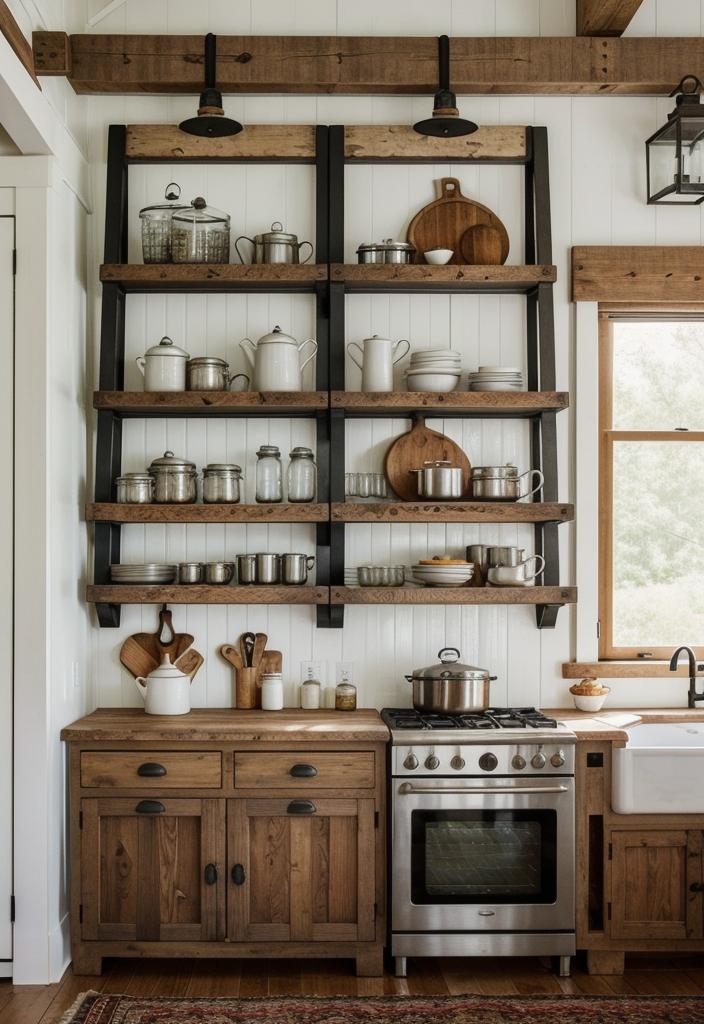 33 Modern Farmhouse Kitchen Ideas: Blending Rustic Charm with Contemporary Design 34 27. Antique Ladder Pot Racks-0