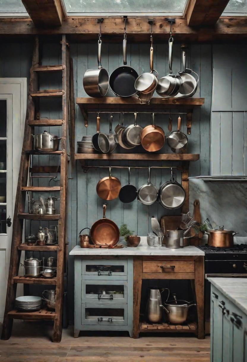 33 Modern Farmhouse Kitchen Ideas: Blending Rustic Charm with Contemporary Design 35 27. Antique Ladder Pot Racks-1