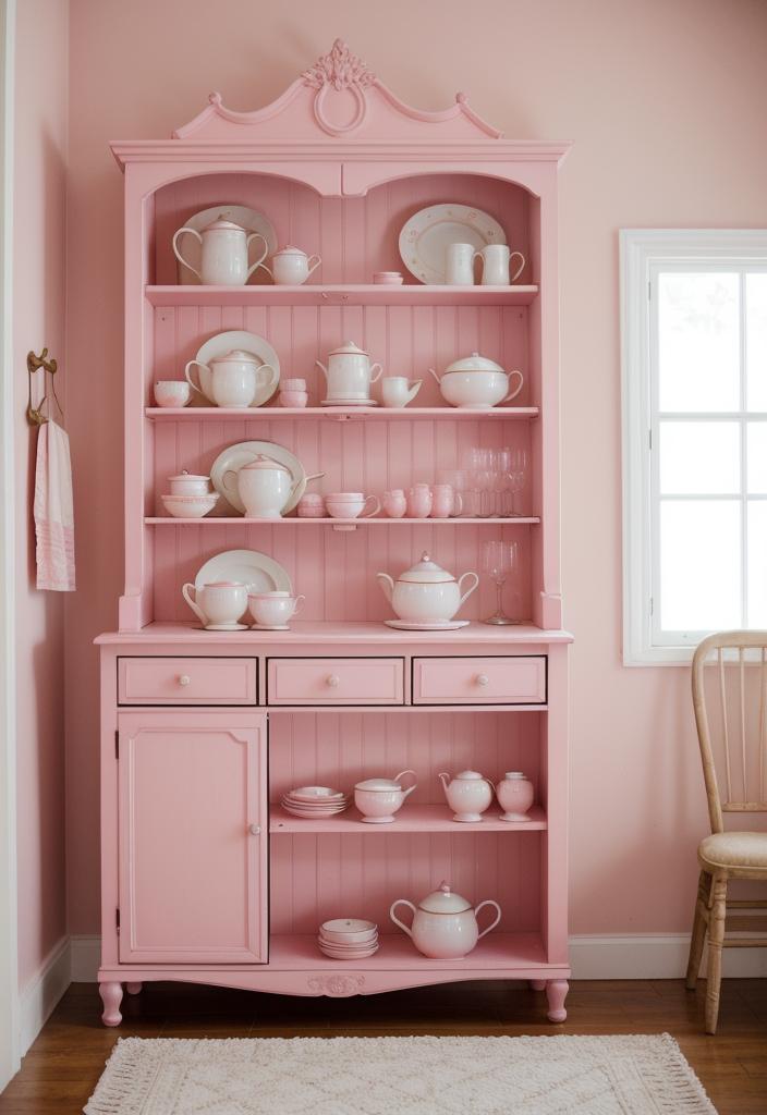 35 Charming Pink Kitchen Ideas: a Feminine Flair in Your Cooking Space 17 14. Antique Pink Dish Showcase-0