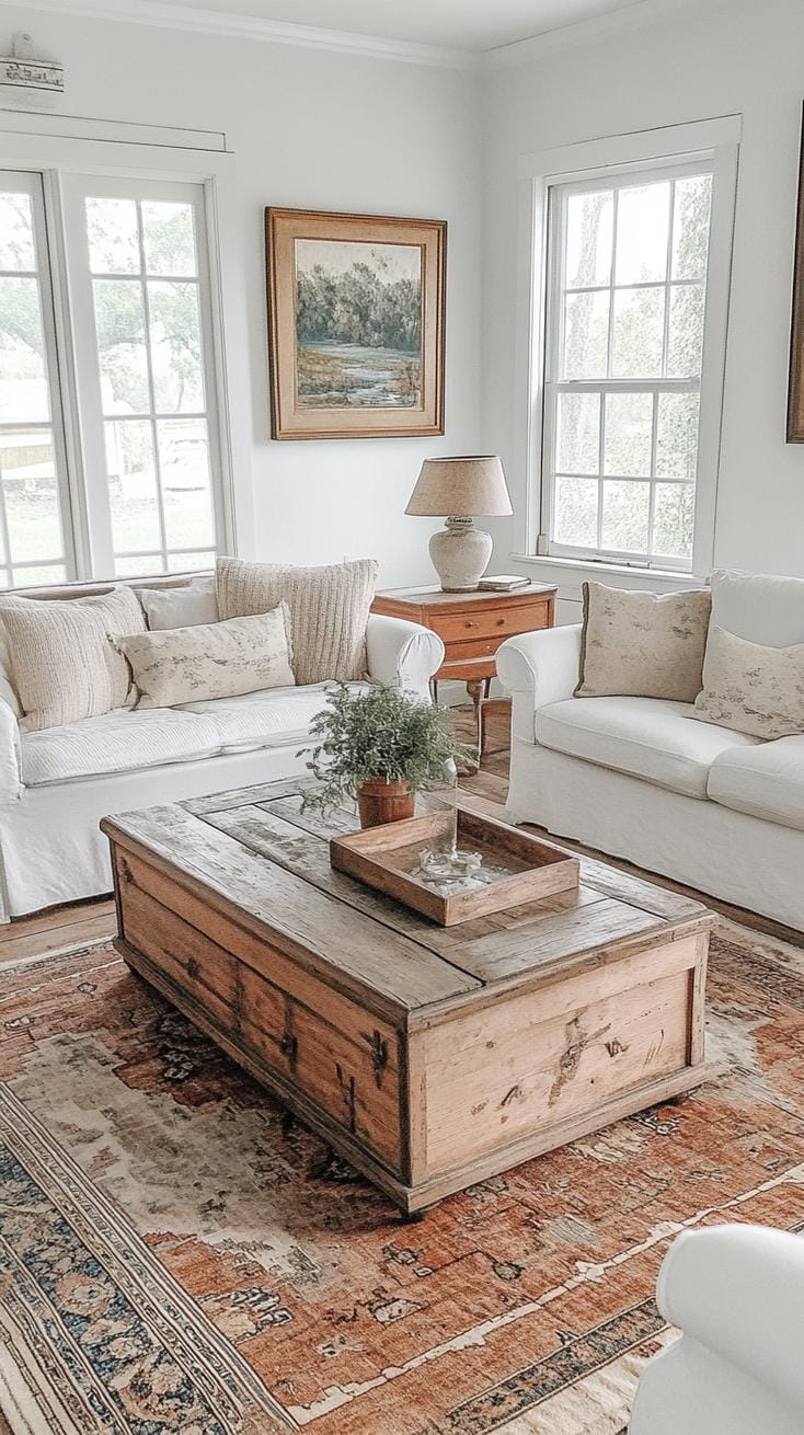 23 Best modern farmhouse living room ideas to inspire you 63 21. Antique carpet layered over wide wooden floors-0
