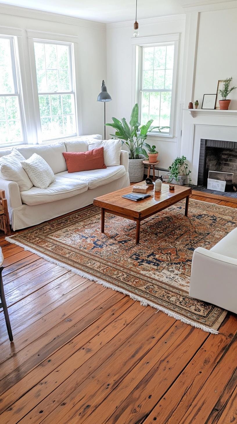 23 Best modern farmhouse living room ideas to inspire you 64 21. Antiques carpet over wide wooden floors-1
