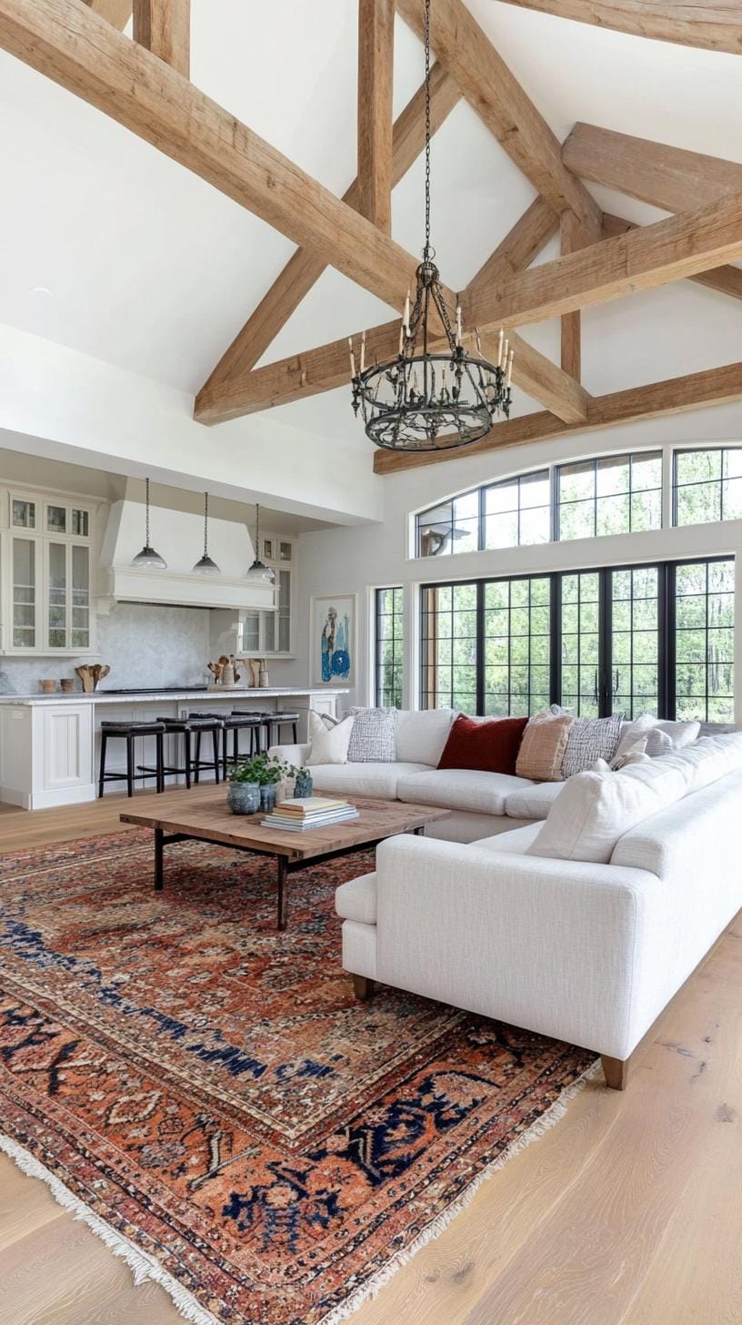 23 Best modern farmhouse living room ideas to inspire you 65 21. Antique carpet over wide wooden floors 2 overlaid