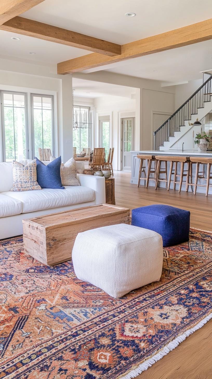 23 Best modern farmhouse living room ideas to inspire you 66 21. Antique carpet stored over wide wooden floors-3