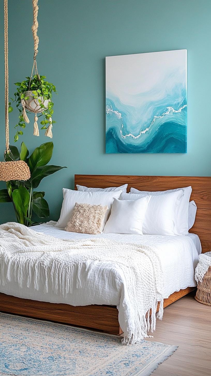 21 Best Blue Boho bedroom ideas to inspire them 55 17. Aquamarine abstract: Integrate abstract works of art with aquamarine touch through a minimalist design style-0