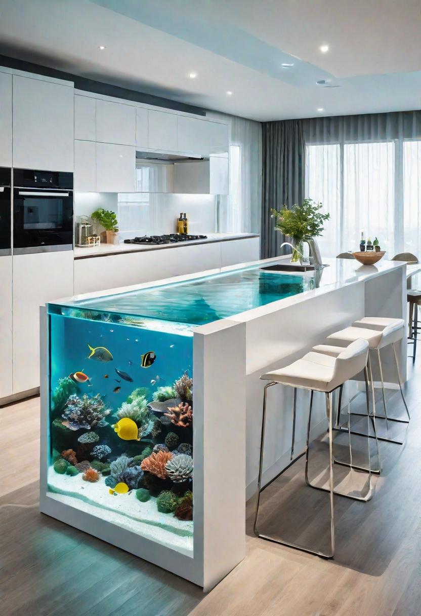 27 Atemberaubende weiße Küchenschränke: Ideen, um Ihren Raum mit zeitloser Eleganz aufzuhellen 29 23. Aquarium Island in weißer Küche-0