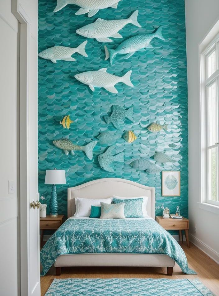 35 Stunning Bedroom Accent Walls for a Cozy Makeover 53 27. Aquatic Accent Wall with Fish Scales-0