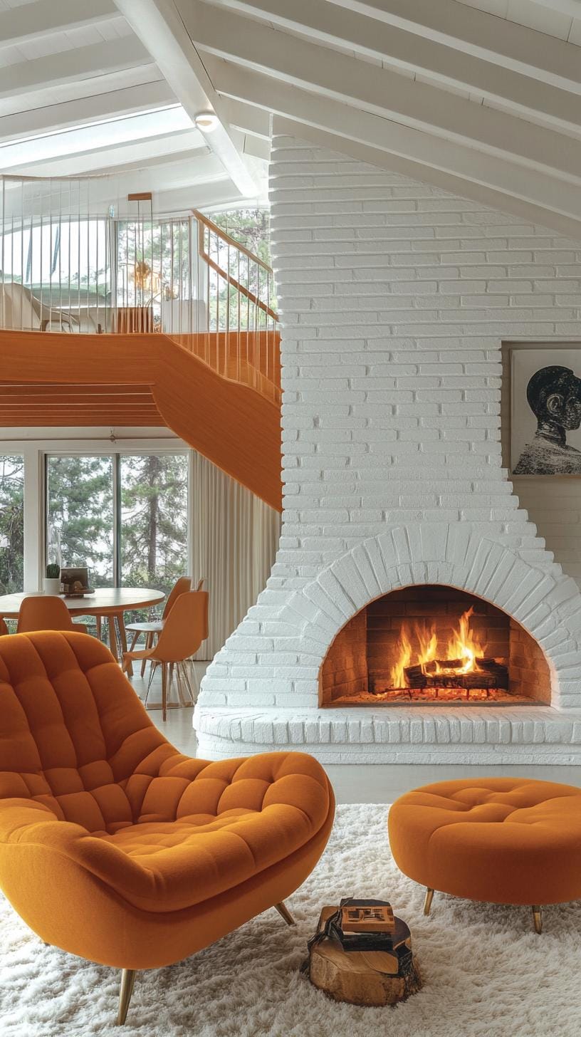 20 breathtaking mid-century modern fireplace-Makeover ideas 26 9. Bogen's white brick fireplace with minimalist furniture in the middle of the century-1
