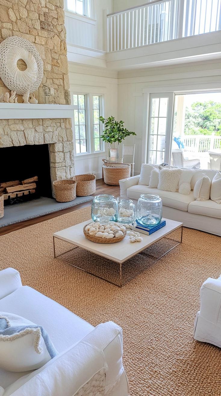 20 unique coastal farmhouse living room ideas, the WoW 29 9. Cross seating around a stone fireplace and add with the shell filled glass container 0