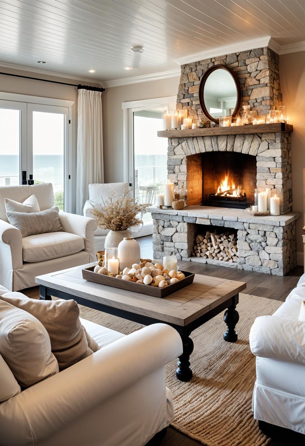 20 unique coastal farmers' living room ideas, the wow 31 9. Arrange seating around a stone fireplace and add the glass container 2 filled with the shell