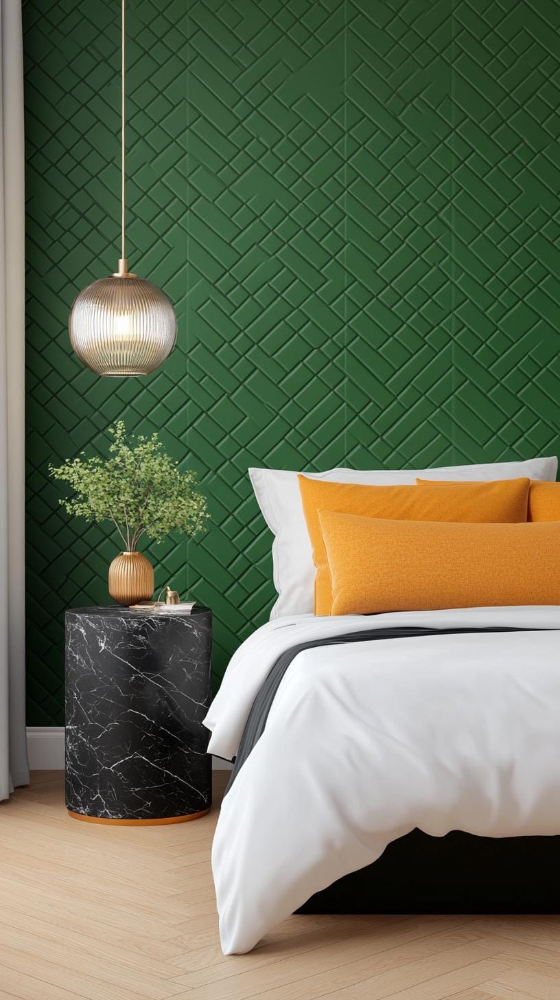 20 elegant black and green bedroom ideas that you have to see 18 6. Art Deco Luxe: Use a green geometric wallpaper with black marble side tables for a nostalgic glamor-vibe-0