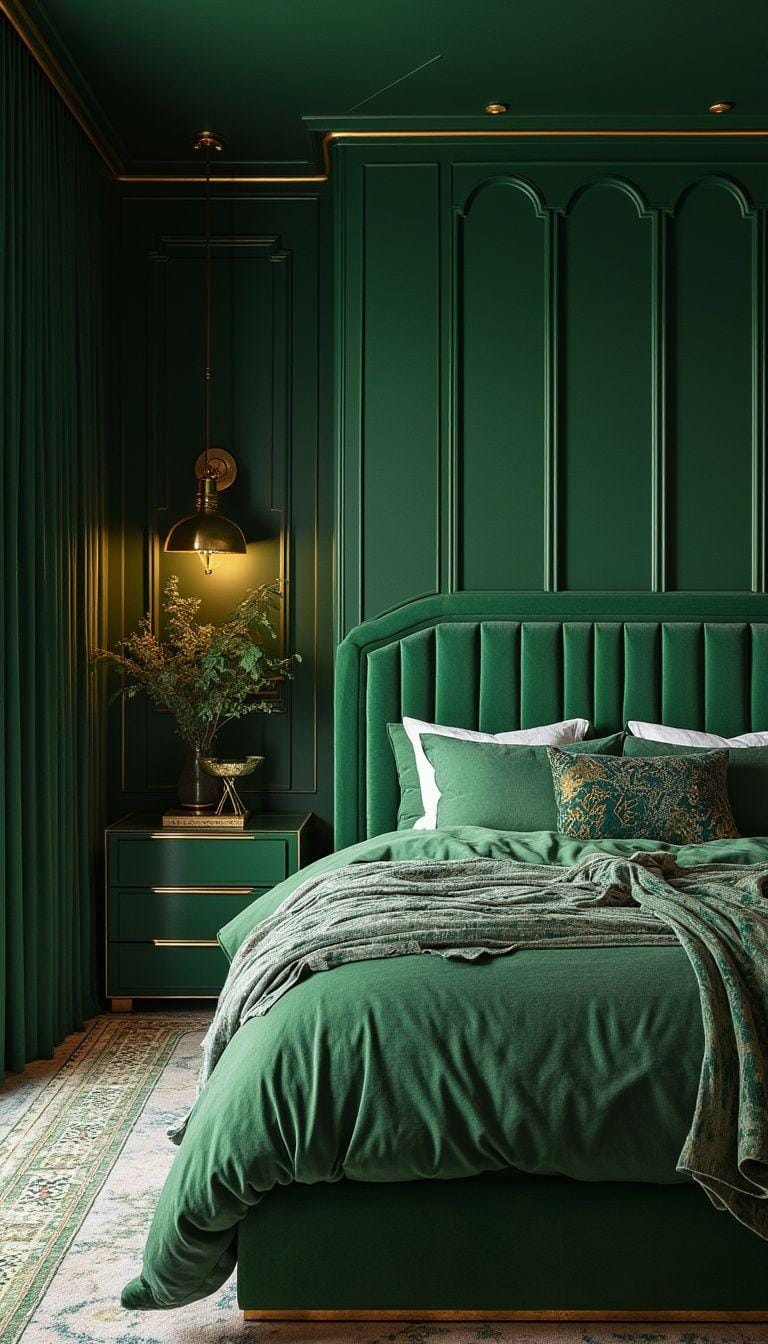 20 moody green bedroom ideas for a cozy retreat 28 9. Art Deco Revival: Couples Geometric patterns with emerald walls and metallic gold feature-0