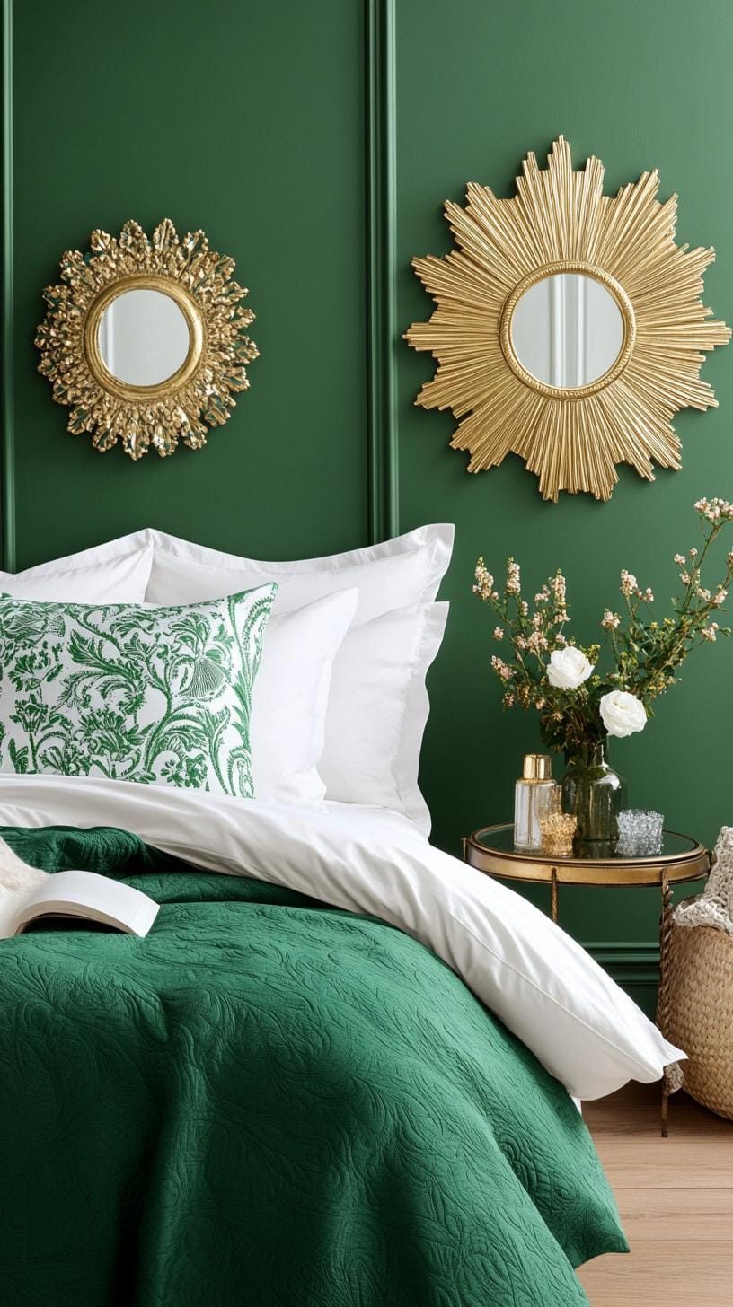20 moody green bedroom ideas for a cozy retreat 29 9. Art Deco Revival: Couple geometric patterns with emerald walls and metallic gold feature-1