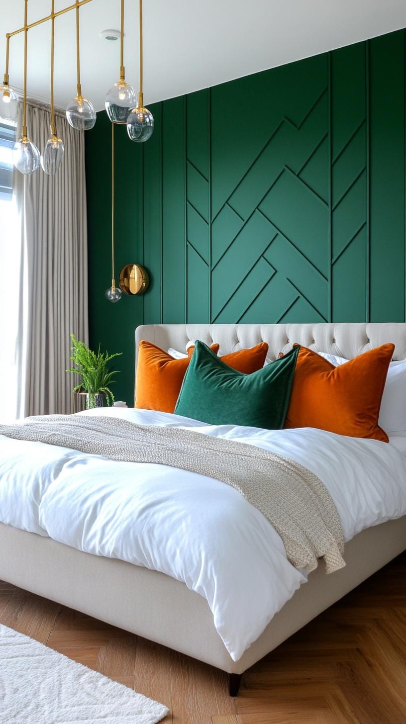 20 moody green bedroom ideas for a cozy retreat 30 9. Art Deco Revival: Couple geometric patterns with emerald walls and metallic gold feature-2
