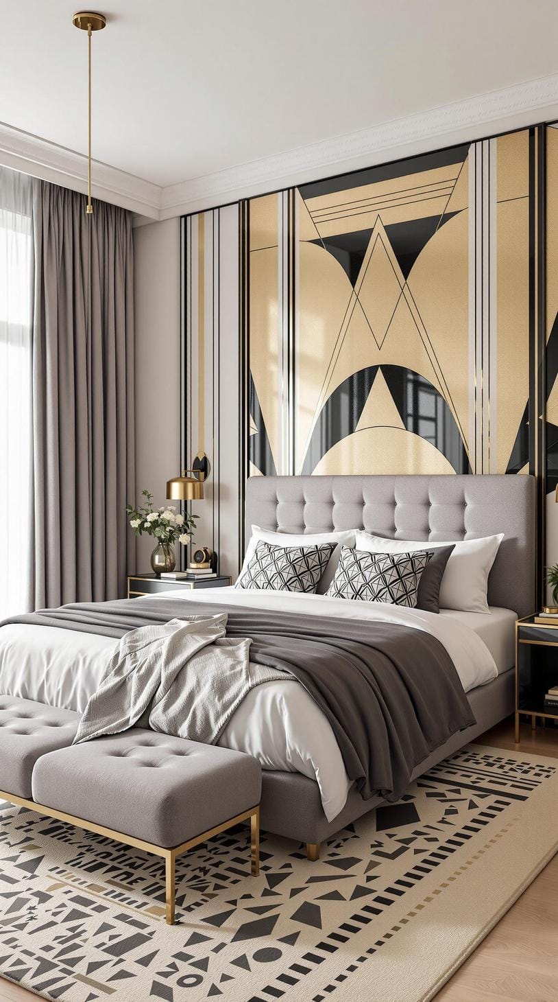 21 modern bedroom ideas for your 2025 makeover 35 10. Art Deco resuscitation through geometric patterns and metallic highlight-2