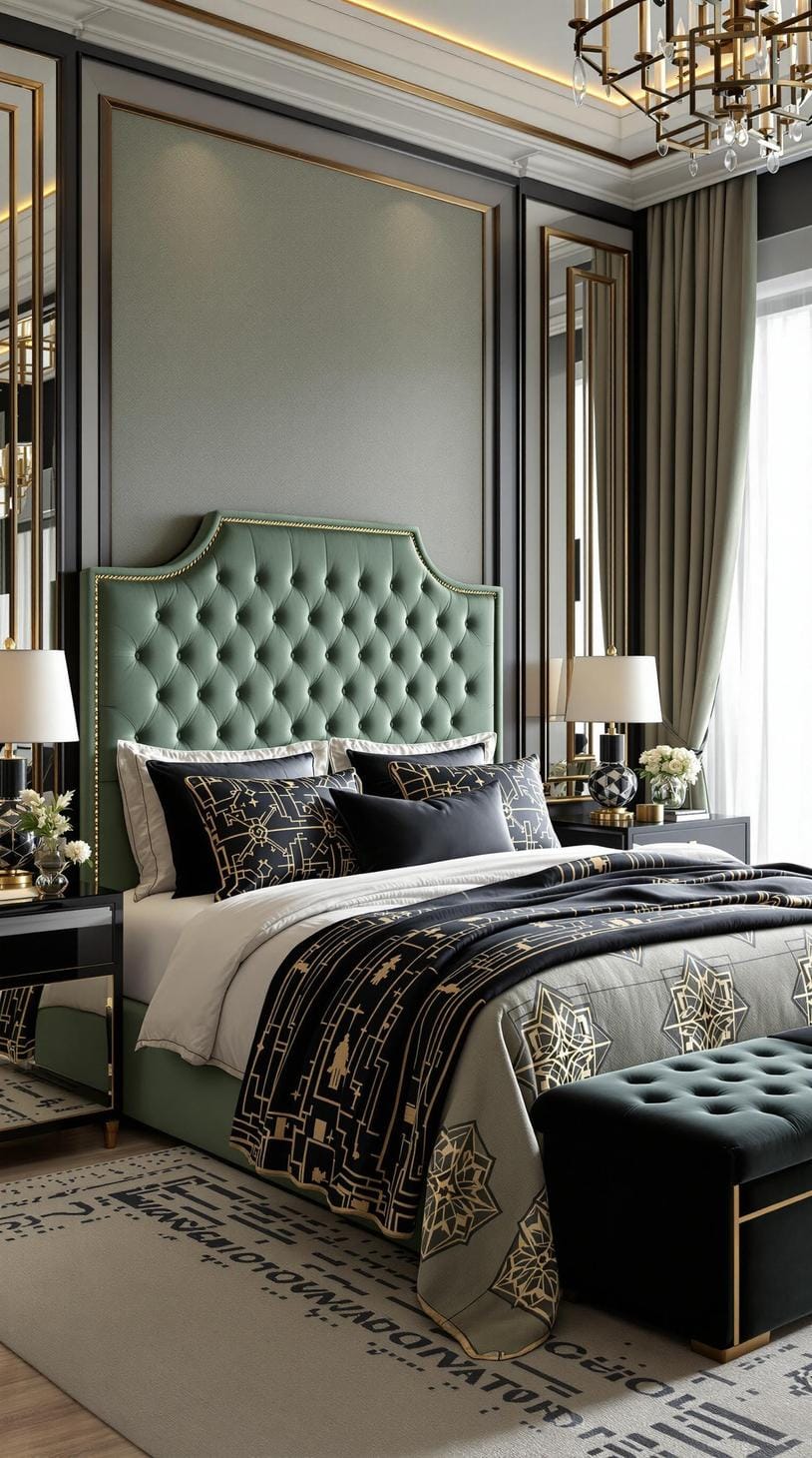 25 Trendy Sage Green Schlafzimmer Ideen für 2025 18 6. Art Deco Haven mit einem weisen grünem Samt-Kopfteil und geometrischen Mustern-0