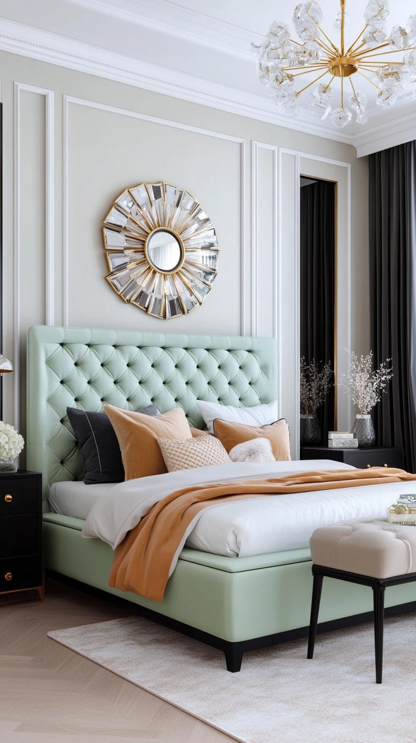 25 Trendy Sage Green Schlafzimmer Ideen für 2025 19 6. Art Deco Haven mit einem weisen grünem Samt Kopfteil und geometrischen Mustern-1