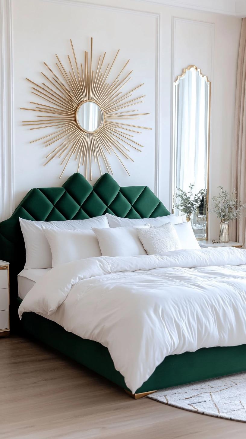 25 Trendy Sage Green Schlafzimmer Ideen für 2025 20 6. Art Deco Haven mit einem weisen grünem Samt-Kopfteil und geometrischen Mustern-2